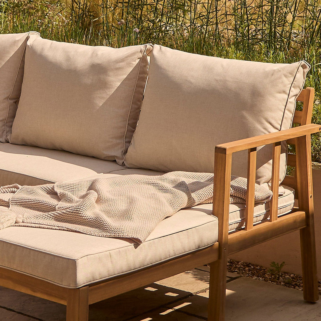 Harrelson 3 Seater Wooden Garden Chaise Corner Set - Natural Acacia and Sand