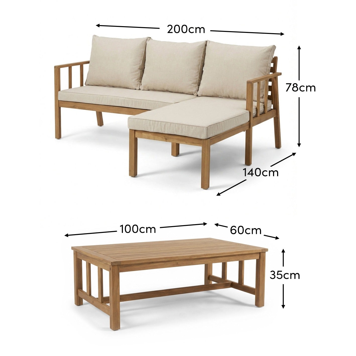 Harrelson 3 Seater Wooden Garden Chaise Corner Set - Natural Acacia and Sand