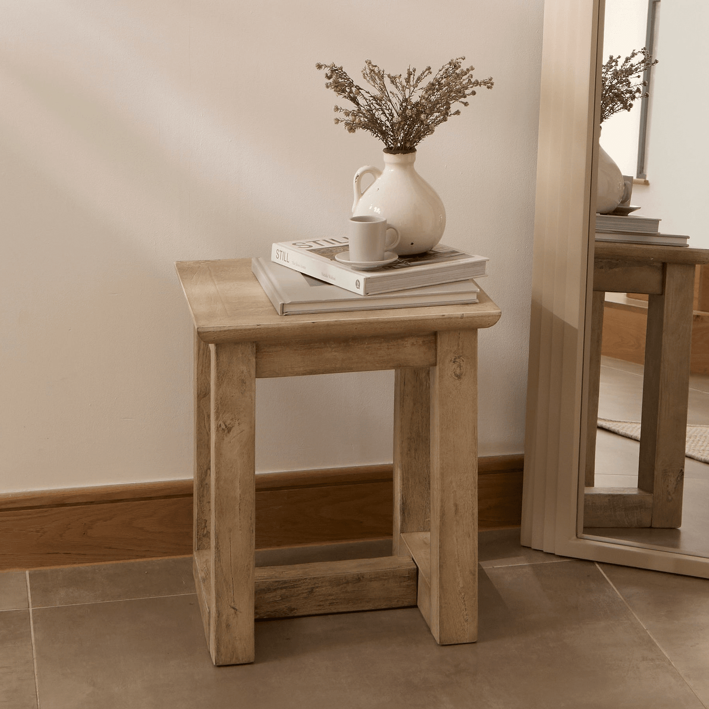 Outlet - Valdis Mango Wood & Travertine Square Side Table
