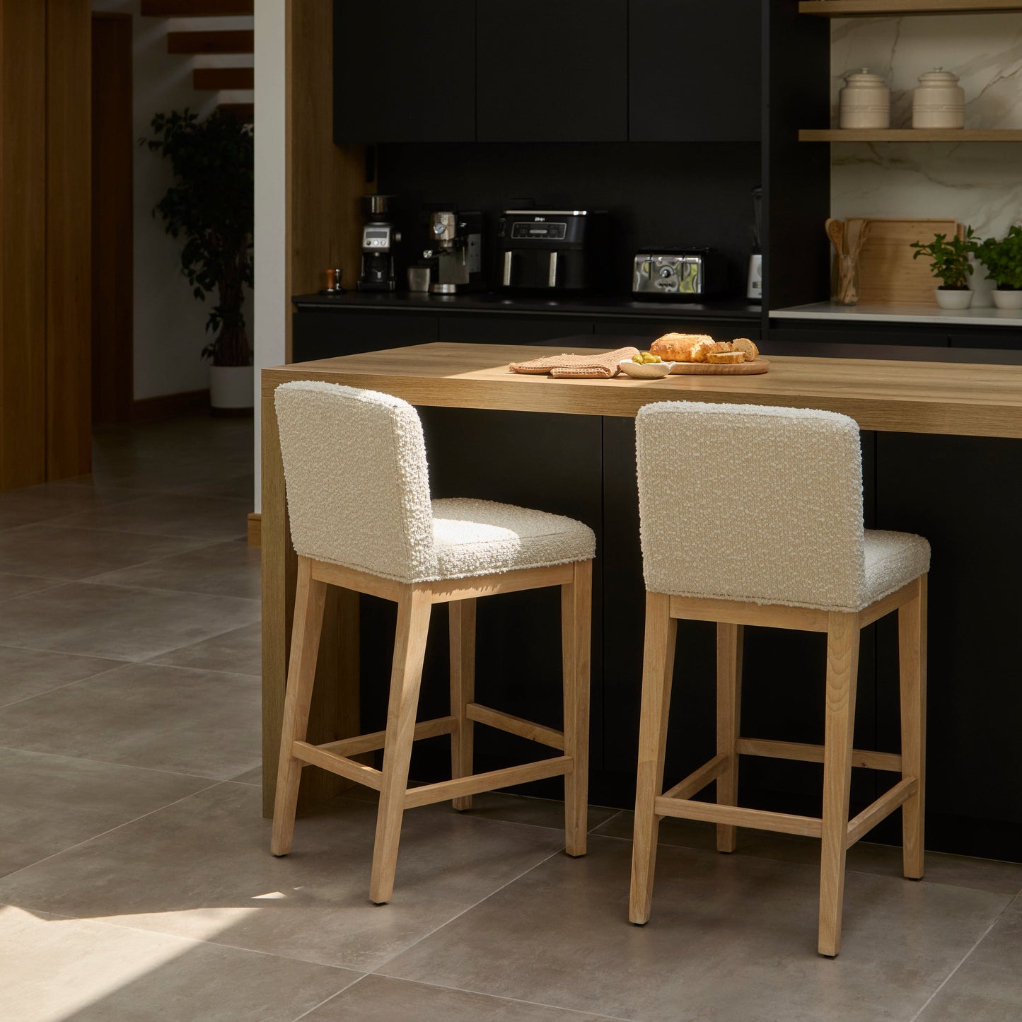 Outlet - Nolan Boucle Bar Stool - Whitewash Oak Legs