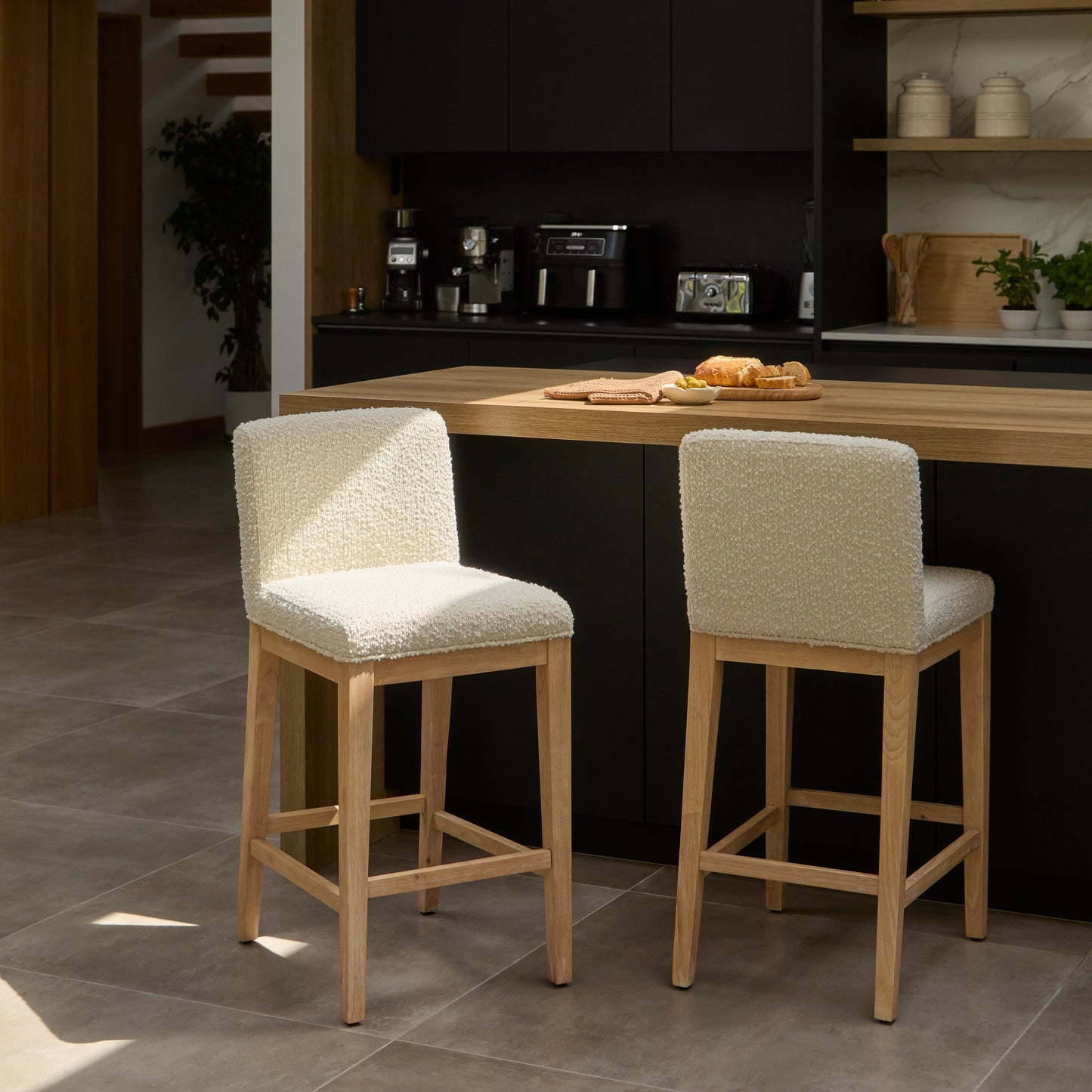 Outlet - Nolan Boucle Bar Stool - Whitewash Oak Legs
