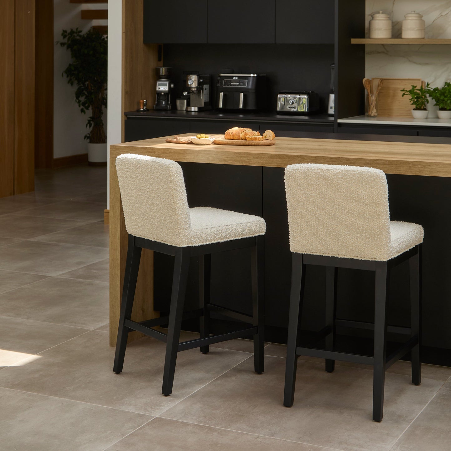 Outlet - Nolan Boucle Bar Stool - Black Oak Legs
