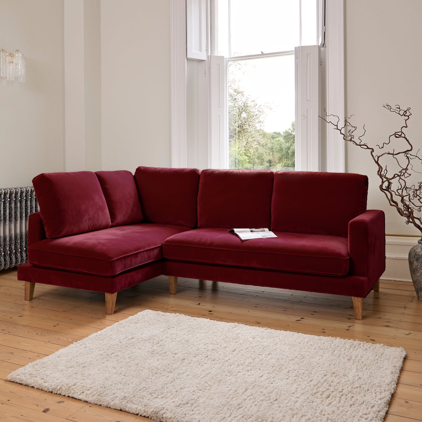 Gillian 3 Seater Large Corner Sofa - Burgundy Red Velvet with Dark Oak Legs