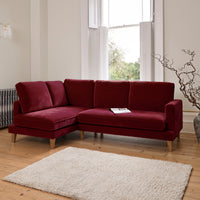 Gillian 3 Seater Large Corner Sofa - Burgundy Red Velvet with Dark Oak Legs