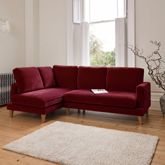 compare product Gillian 3 Seater Large Corner Sofa - Burgundy Red Velvet with Dark Oak Legs