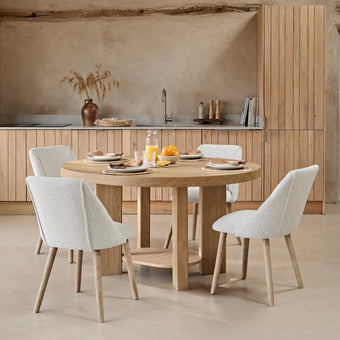 compare product Marlon Whitewash Oak Oval Dining Table Set - 4 Seater - Freya Oat Boucle Dining Chairs - Whitewash Oak Legs