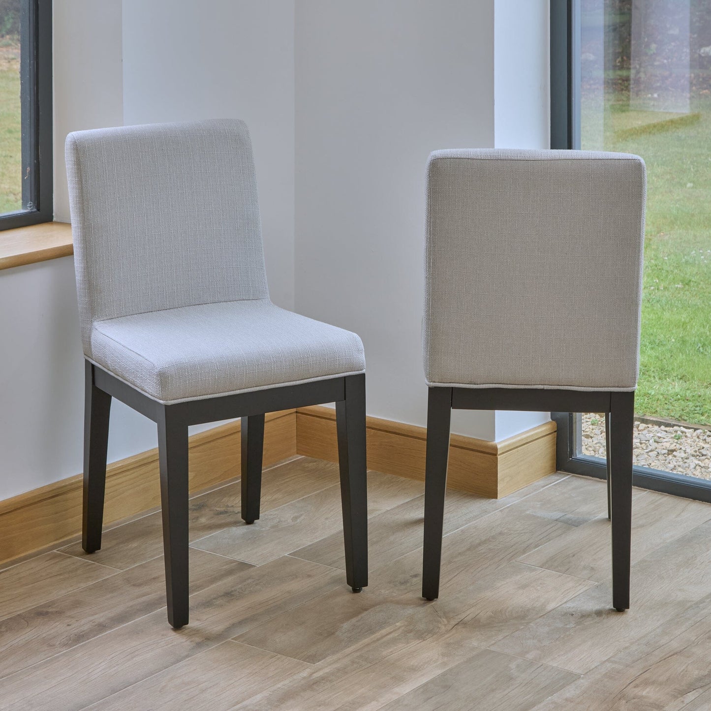 Amelia Black Extending Dining Table Set - 6 Seater - Nolan Fawn Linen Dining Chairs - Black Legs