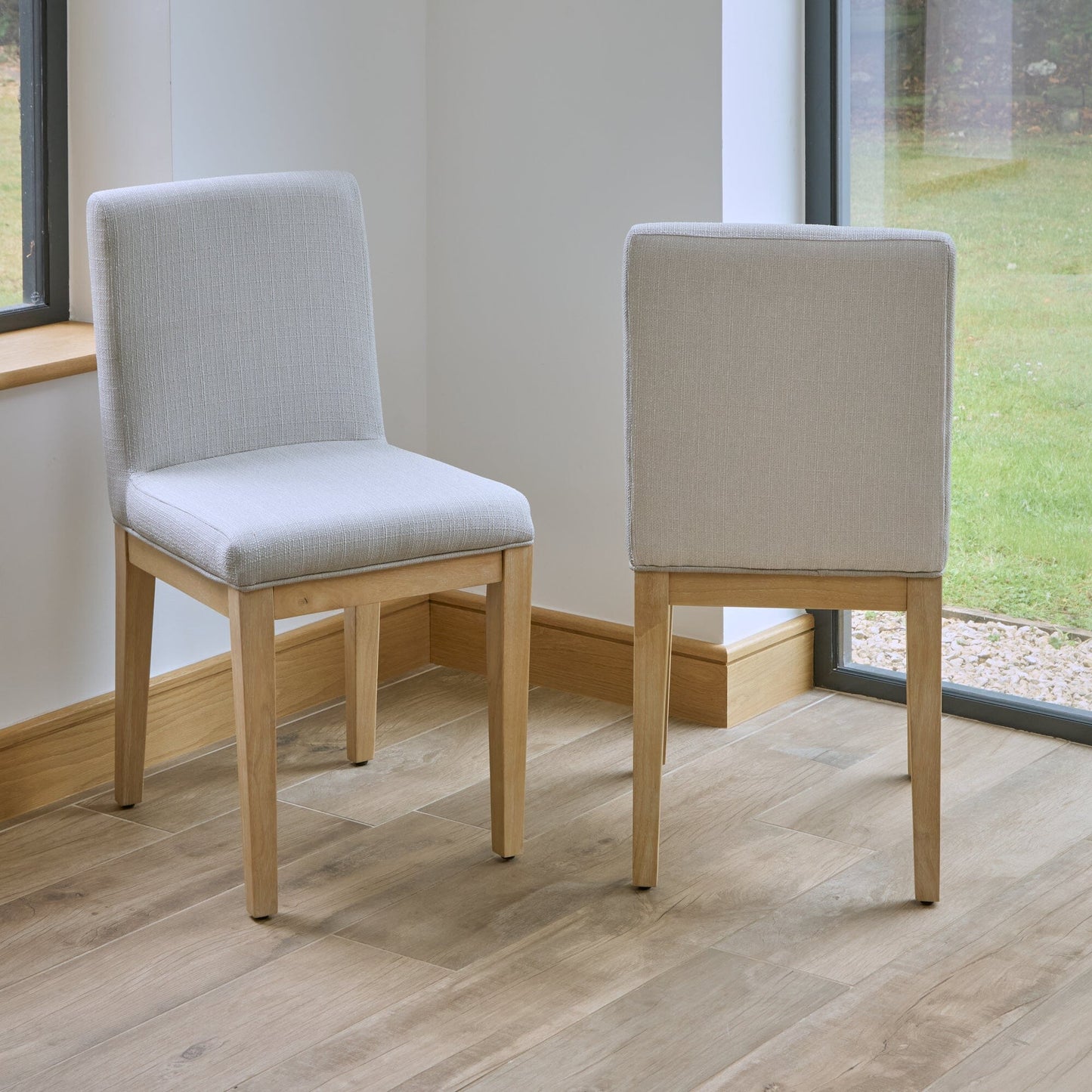 Amelia Whitewash Extending Dining Table Set - 6 Seater - Nolan Fawn Linen Dining Chairs - Whitewash Oak Legs