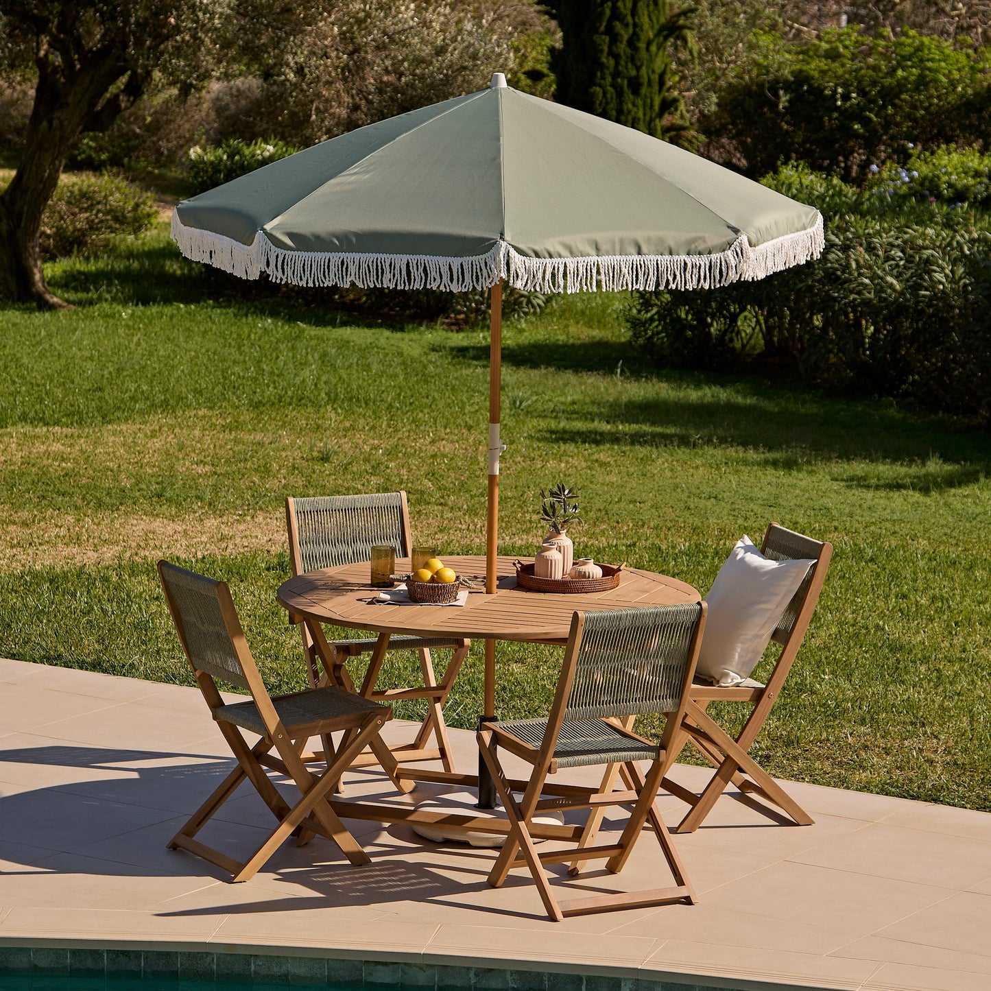 Oia Round Parasol 2m - Wooden Pole - Olive Green