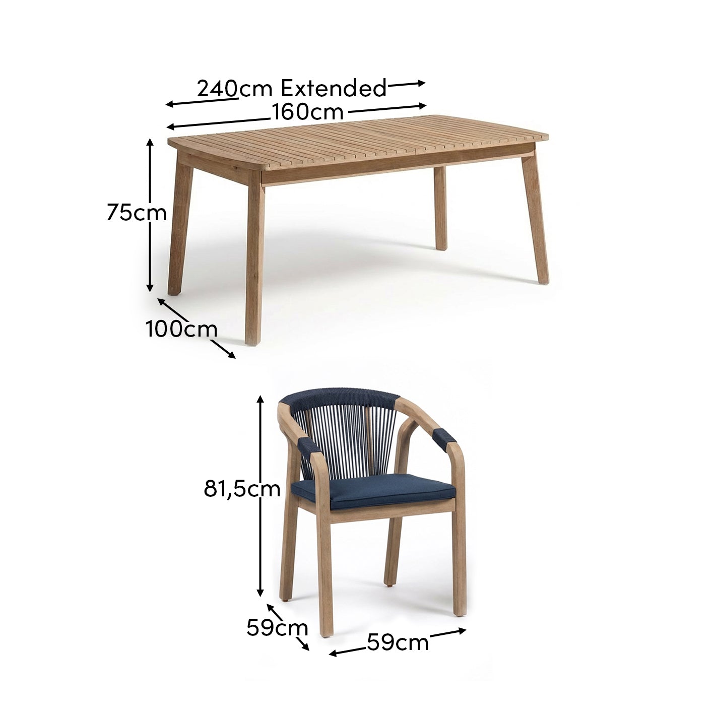 Saffron 6 Seater Extending Wooden Garden Dining Set with Shiro Navy Rope Chairs