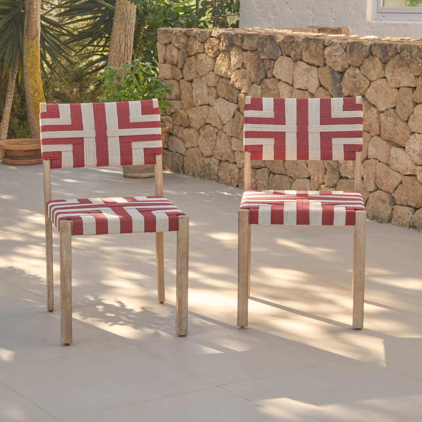 Shiro 6 Seater Round Wooden Garden Dining Set with Saffron Dining Chairs - Paprika/Beige