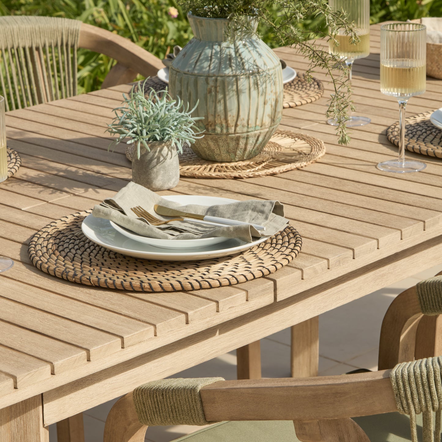 Saffron 6 Seater Extending Wooden Garden Dining Set with Shiro Green Rope Chairs