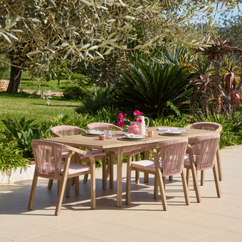 compare product Saffron 6 Seater Extending Wooden Garden Dining Set with Shiro Pink Rope Chairs