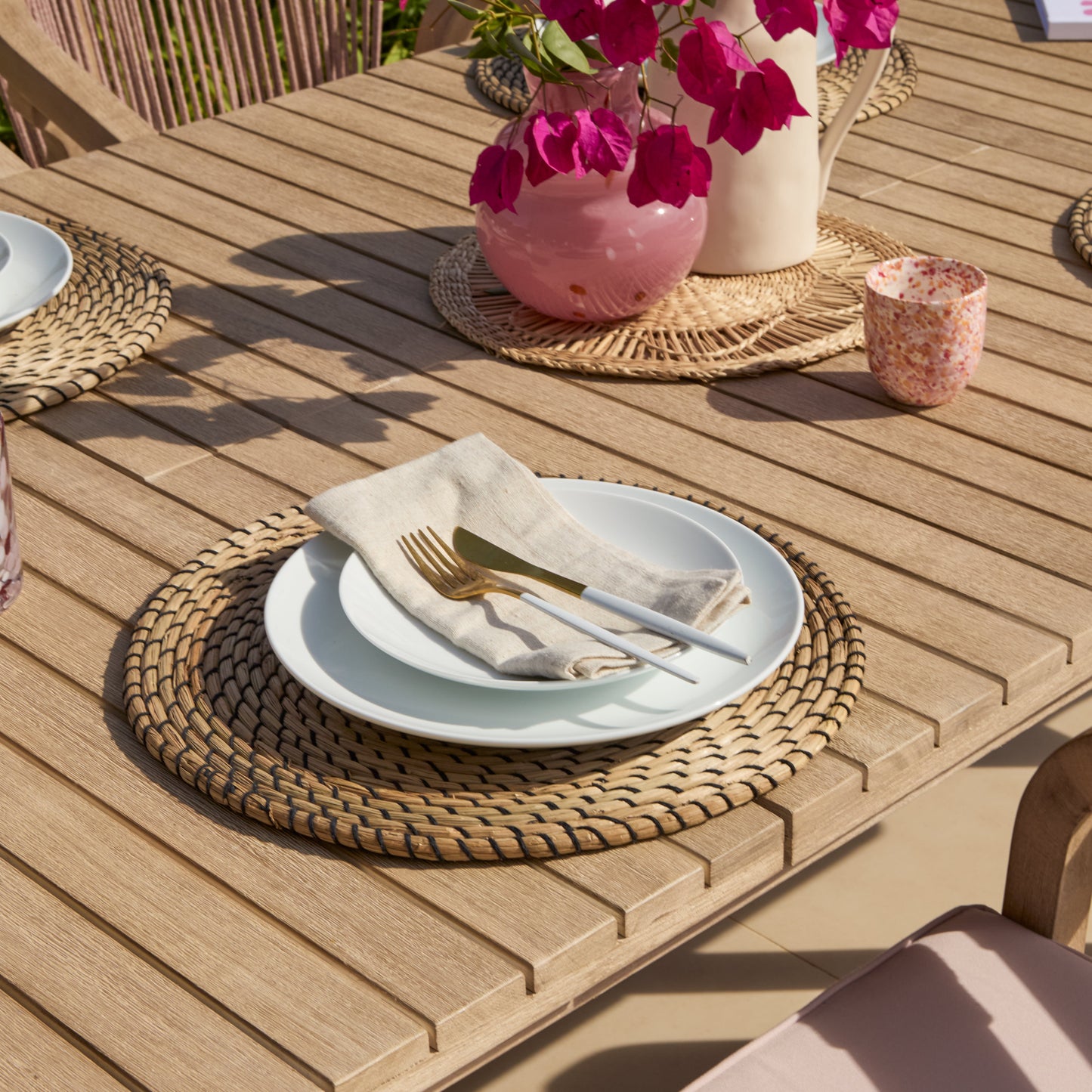Saffron 6 Seater Extending Wooden Garden Dining Set with Shiro Pink Rope Chairs