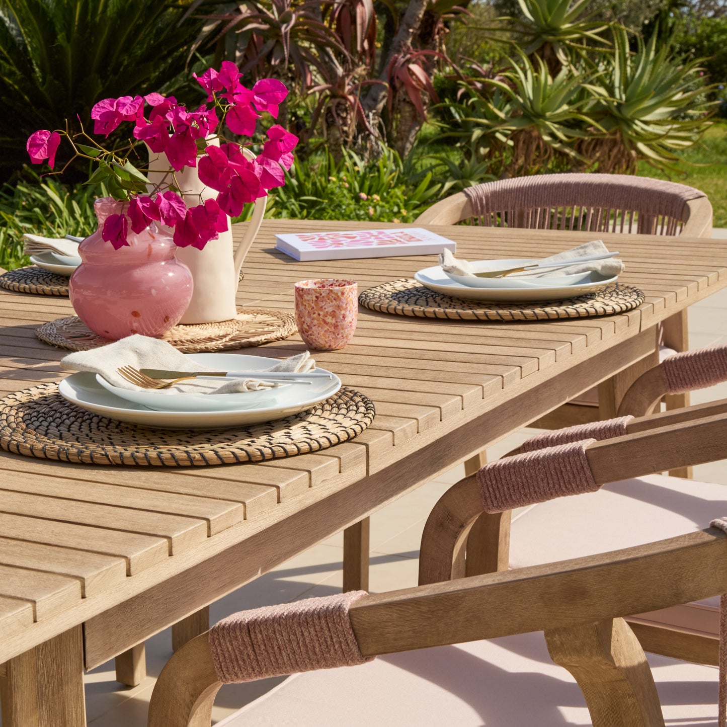 Saffron 6 Seater Extending Wooden Garden Dining Set with Shiro Pink Rope Chairs