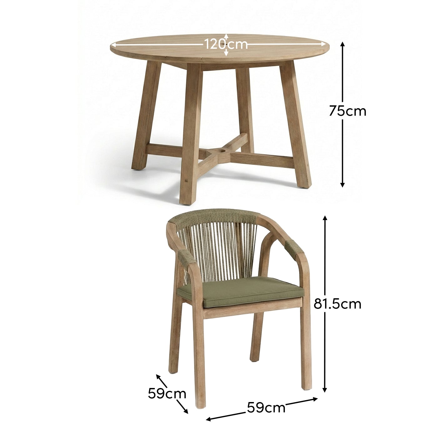 Shiro 4 Seater Round Wooden Garden Dining Set with Shiro Green Rope Dining Chairs - 120cm