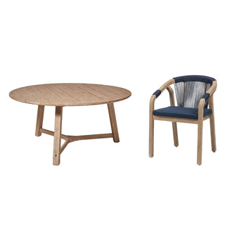 compare product Shiro 6 Seater Round Wooden Garden Dining Set with Shiro Navy Rope Dining Chairs -160cm