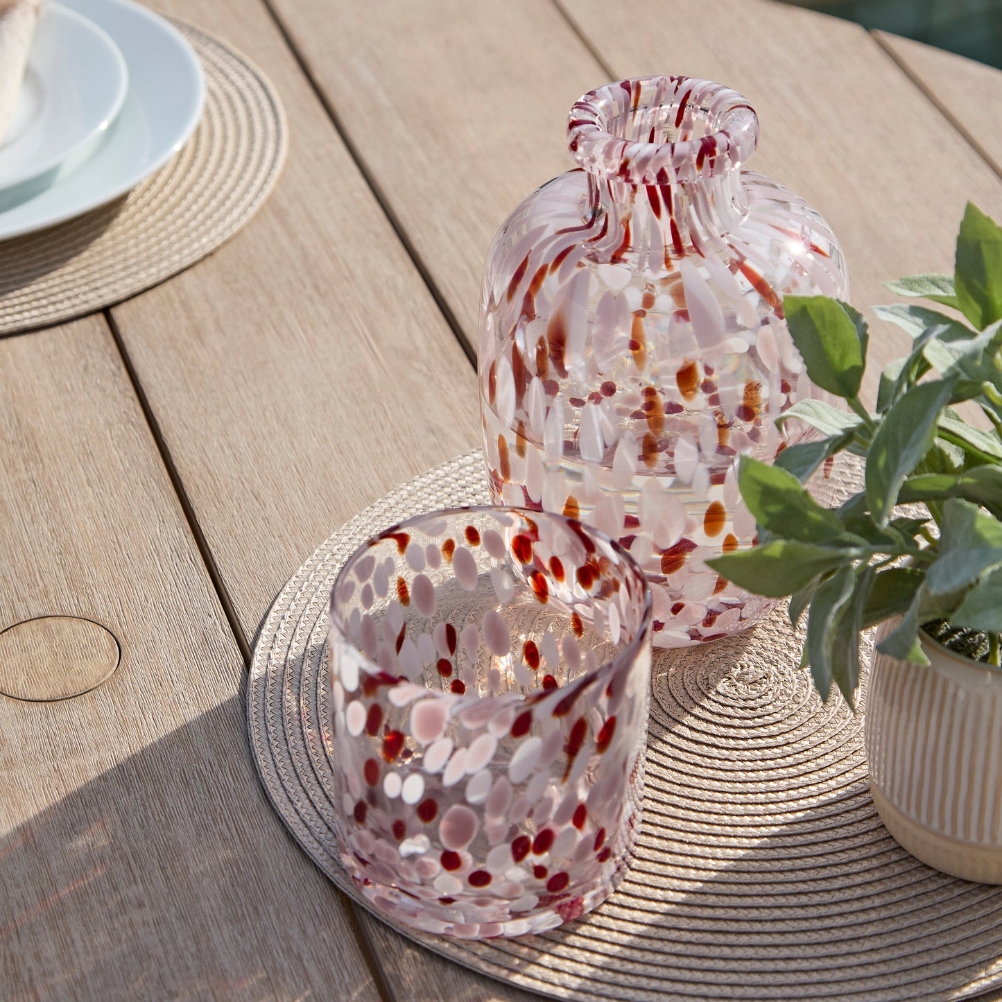 Shiro 4 Seater Round Wooden Garden Dining Set with Shiro Pink Rope Dining Chairs - 120cm