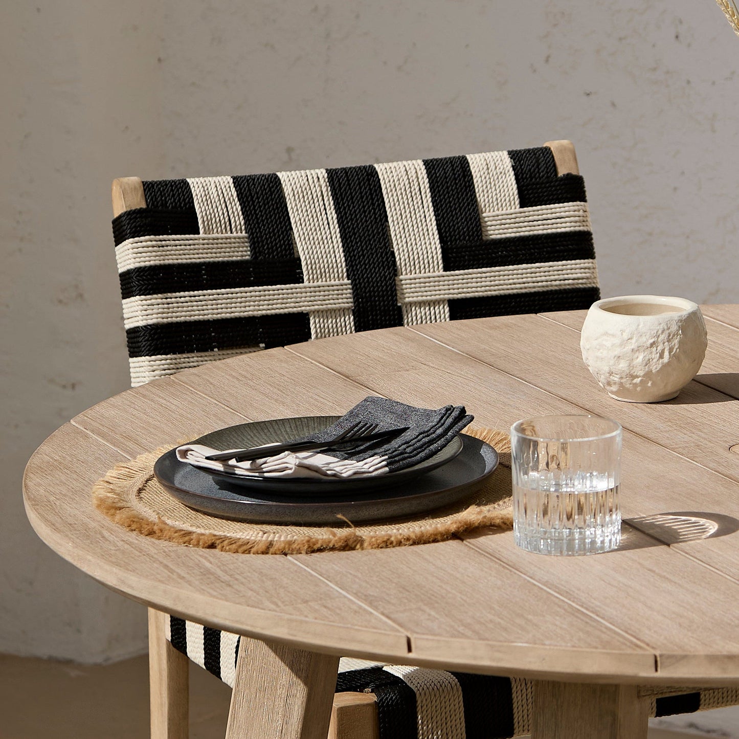 Shiro 6 Seater Round Wooden Garden Dining Set with Saffron Dining Chairs - Black/Beige