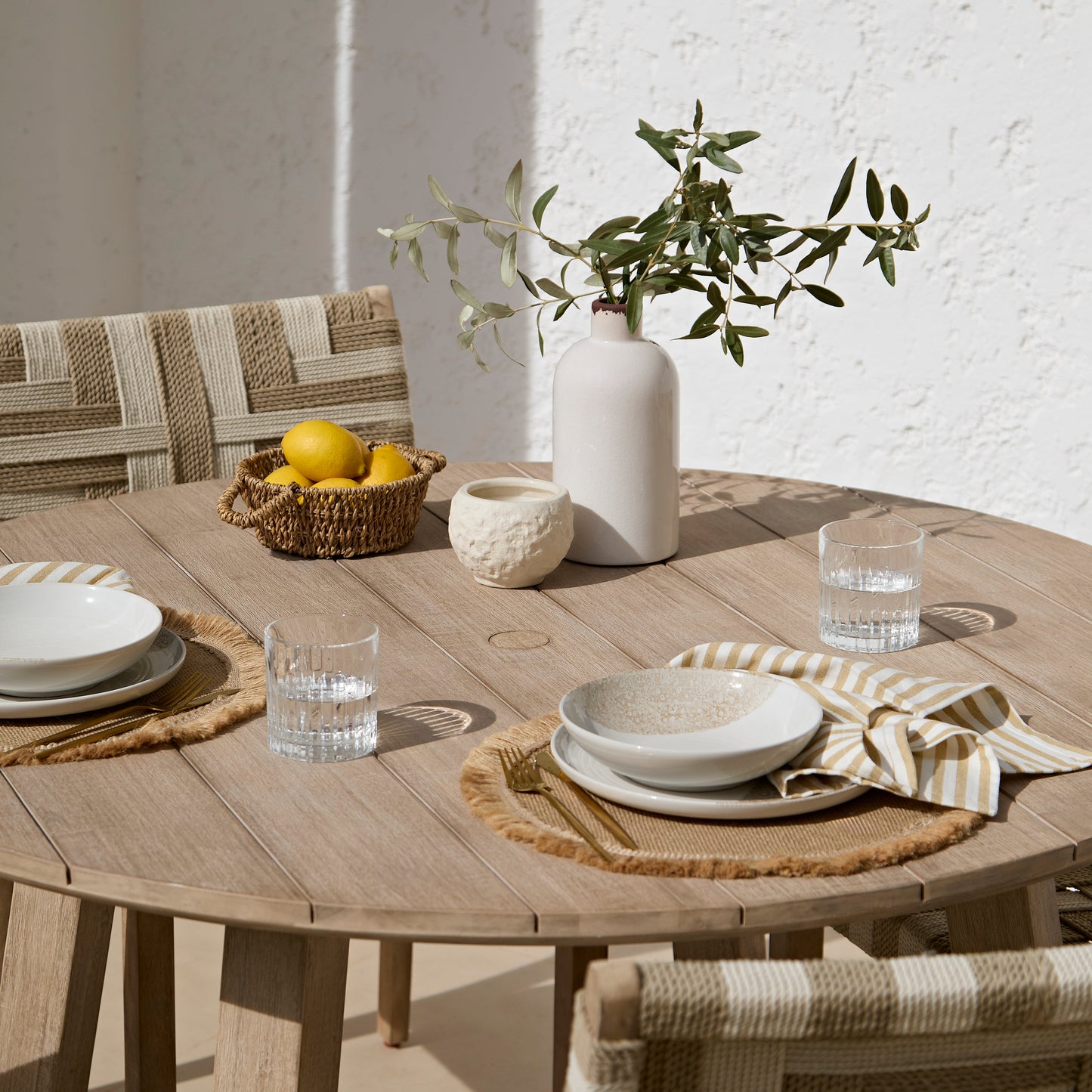 Shiro 4 Seater Round Wooden Garden Dining Set with Saffron Natural/Beige Dining Chairs