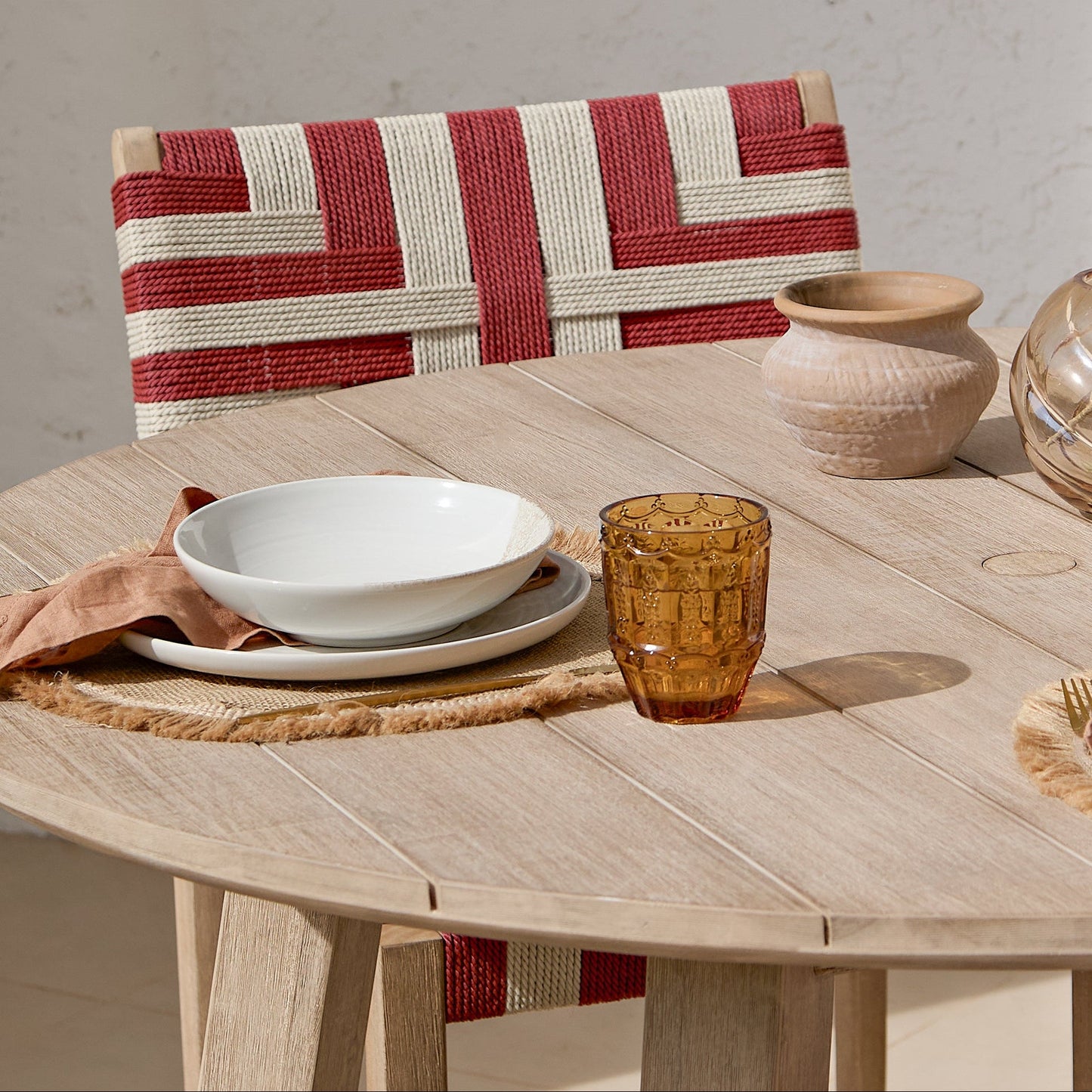 Shiro 6 Seater Round Wooden Garden Dining Set with Saffron Dining Chairs - Paprika/Beige