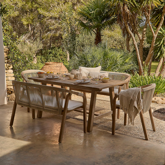 Shiro 6 Seater Wooden Garden Dining Set with 2 Shiro Benches & 2 Shiro Chairs - Beige Rope
