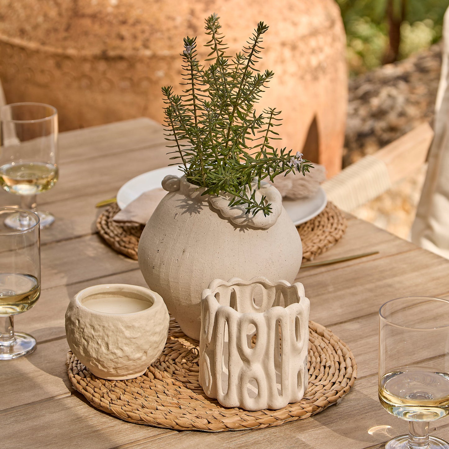 Shiro 6 Seater Wooden Garden Dining Set with 2 Shiro Benches & 2 Shiro Chairs - Beige Rope
