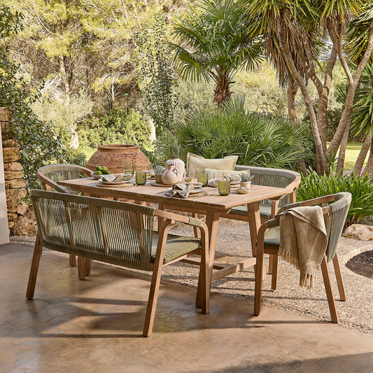 Shiro 6 Seater Wooden Garden Dining Set with 2 Shiro Benches & 2 Shiro Chairs - Green Rope