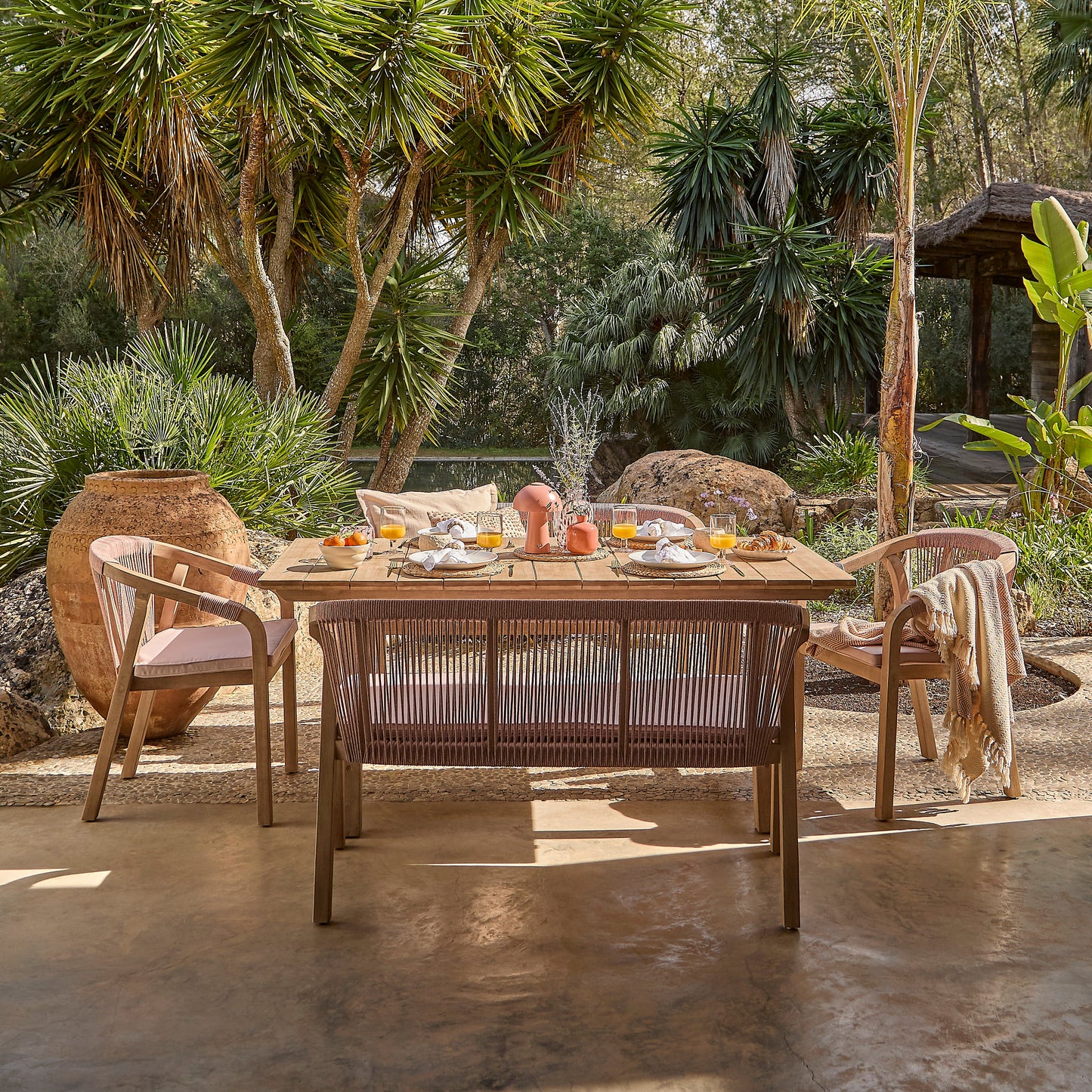 Shiro 6 Seater Wooden Garden Dining Set with 2 Shiro Benches & 2 Shiro Chairs - Pink Rope