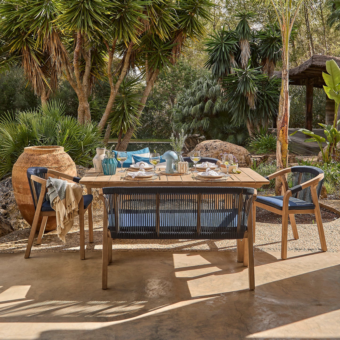 Shiro 6 Seater Wooden Garden Dining Set with 2 Shiro Benches & 2 Shiro Chairs - Navy Rope