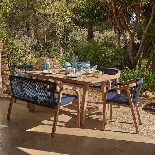 Shiro 6 Seater Wooden Garden Dining Set with 2 Shiro Benches & 2 Shiro Chairs - Navy Rope
