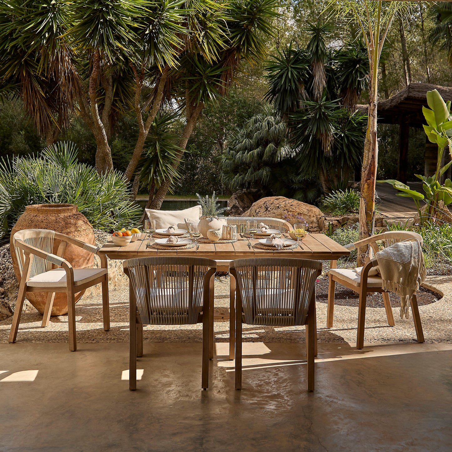 Shiro 6 Seater Wooden Garden Dining Set with Shiro Beige Rope Chairs & Bench - 180cm