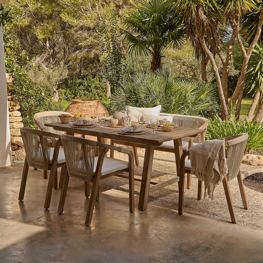 Shiro 6 Seater Wooden Garden Dining Set with Shiro Beige Rope Chairs & Bench - 180cm