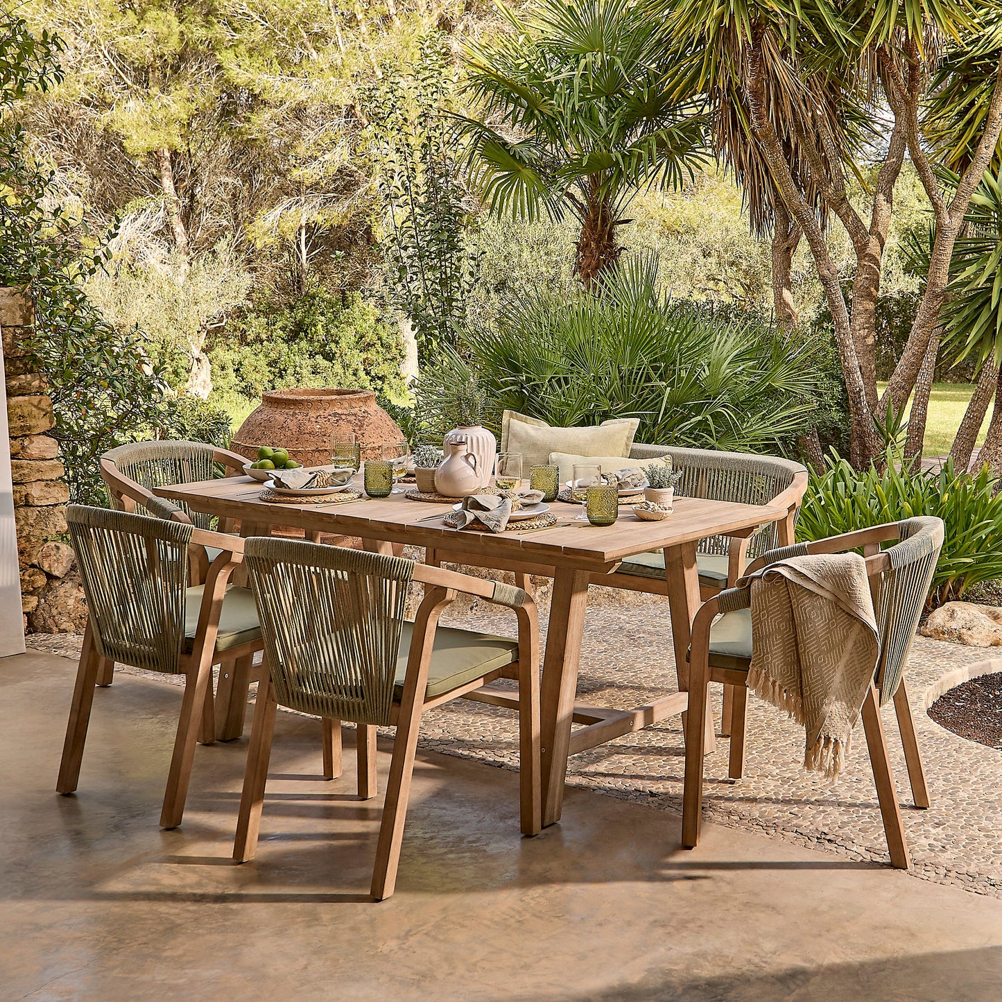 Shiro 6 Seater Wooden Garden Dining Set with Shiro Green Rope Chairs & Bench - 180cm