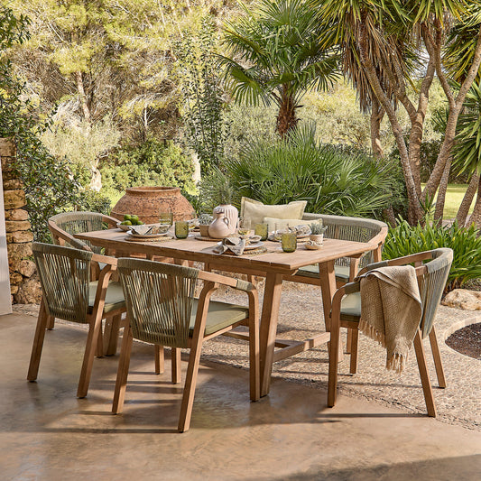 Shiro 6 Seater Wooden Garden Dining Set with Shiro Green Rope Chairs & Bench - 180cm