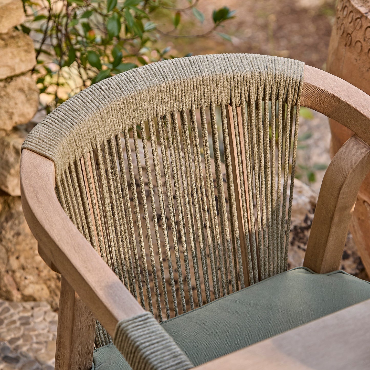 Shiro 6 Seater Wooden Garden Dining Set with Shiro Green Rope Chairs & Bench - 180cm