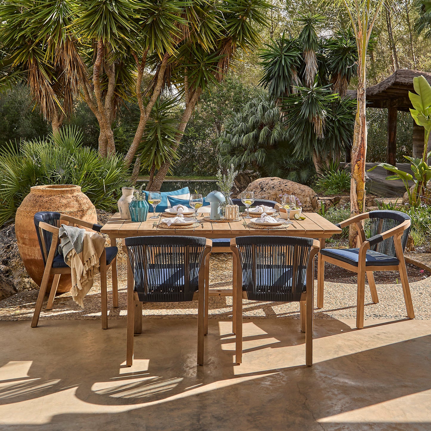Shiro 6 Seater Wooden Garden Dining Set with Shiro Navy Rope Chairs & Bench - 180cm
