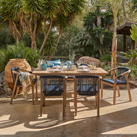 Shiro 6 Seater Wooden Garden Dining Set with Shiro Navy Rope Chairs & Bench - 180cm