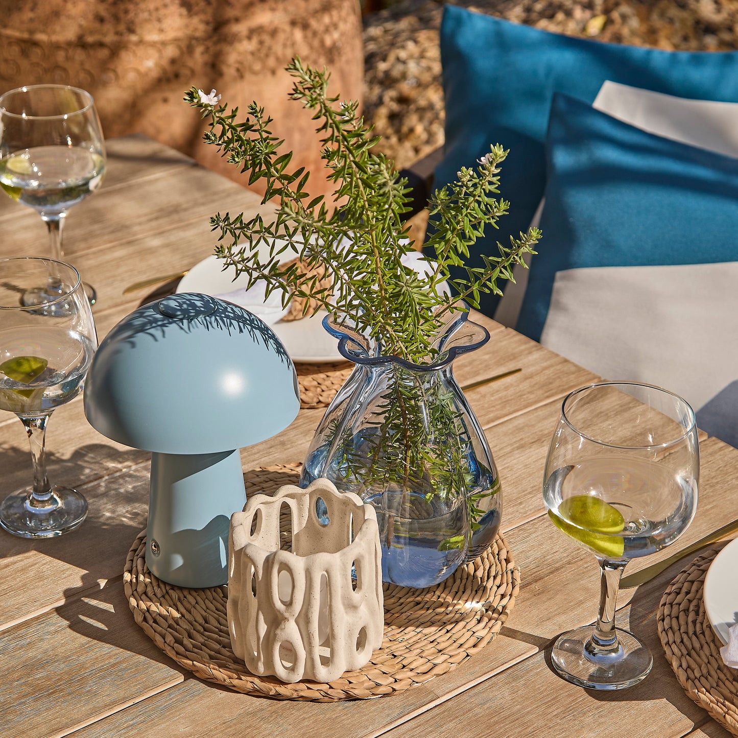 Shiro 6 Seater Wooden Garden Dining Set with Shiro Navy Rope Chairs & Bench - 180cm