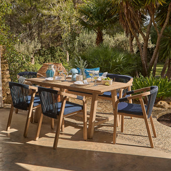 compare product Shiro 6 Seater Wooden Garden Dining Set with Shiro Navy Rope Chairs & Bench - 180cm