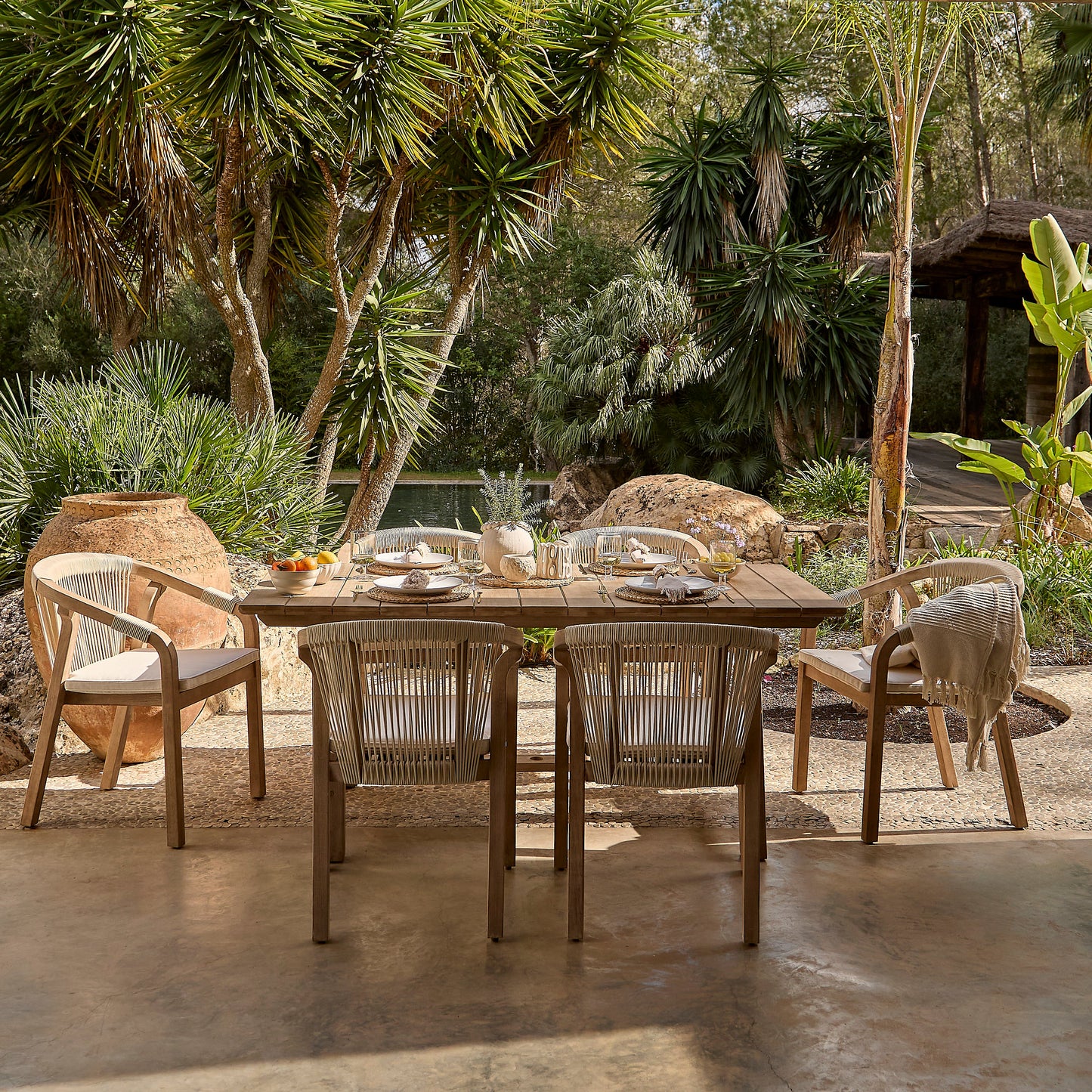 Shiro 6 Seater Wooden Garden Dining Set with Shiro Beige Rope Dining Chairs