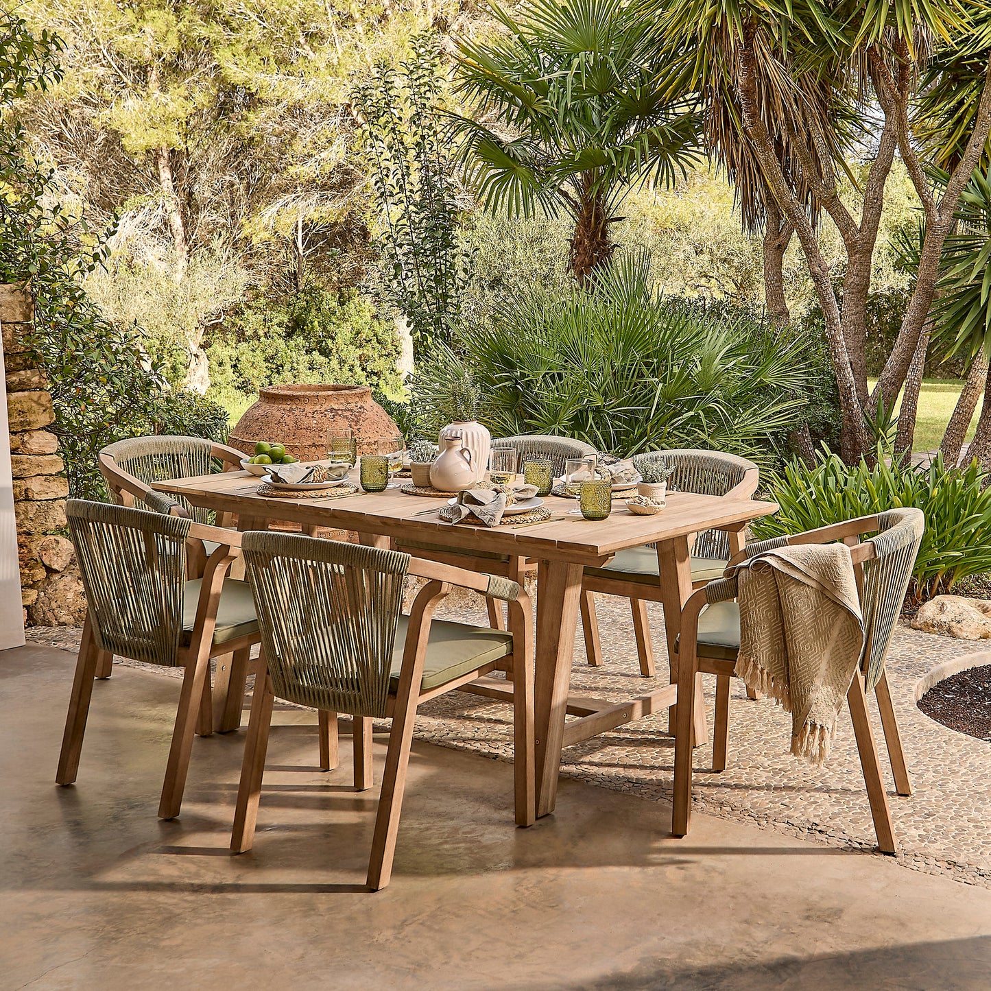 Shiro 6 Seater Wooden Garden Dining Set with Shiro Green Rope Dining Chairs