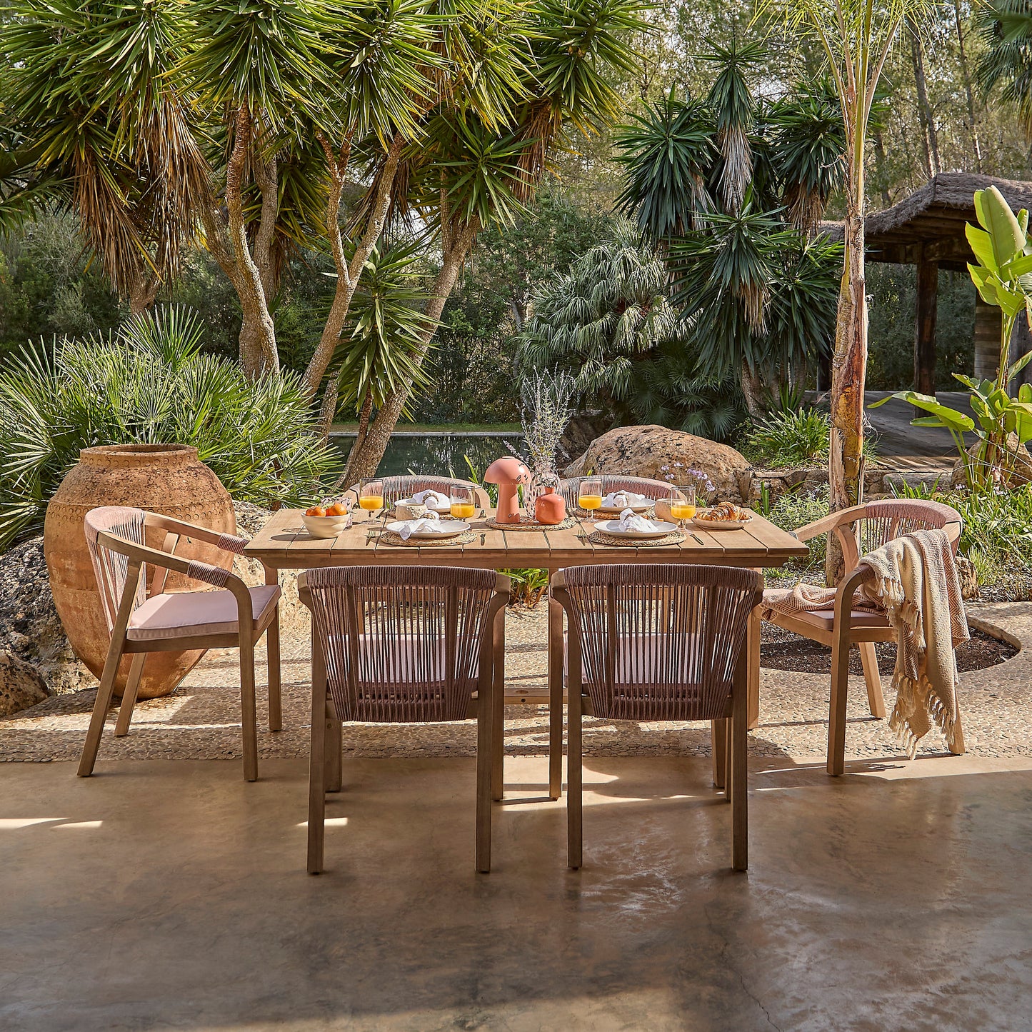 Shiro 6 Seater Wooden Garden Dining Set with Shiro Pink Rope Chairs & Bench - 180cm