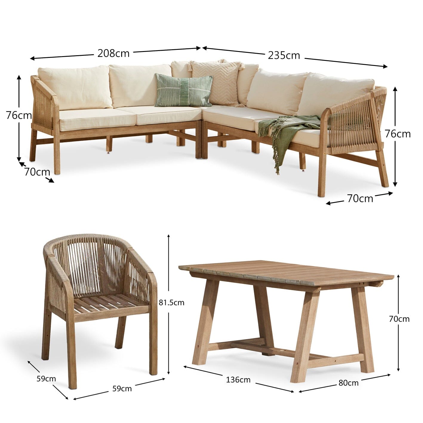 Shiro Wooden Garden Corner Dining Sofa Set with 2 Nala Sand Chairs