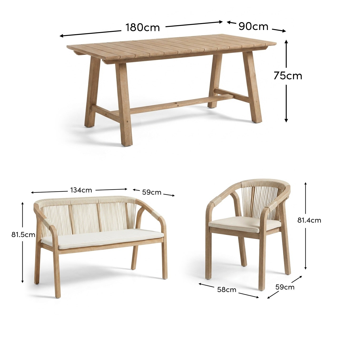 Shiro 6 Seater Wooden Garden Dining Set with 2 Shiro Benches & 2 Shiro Chairs - Beige Rope