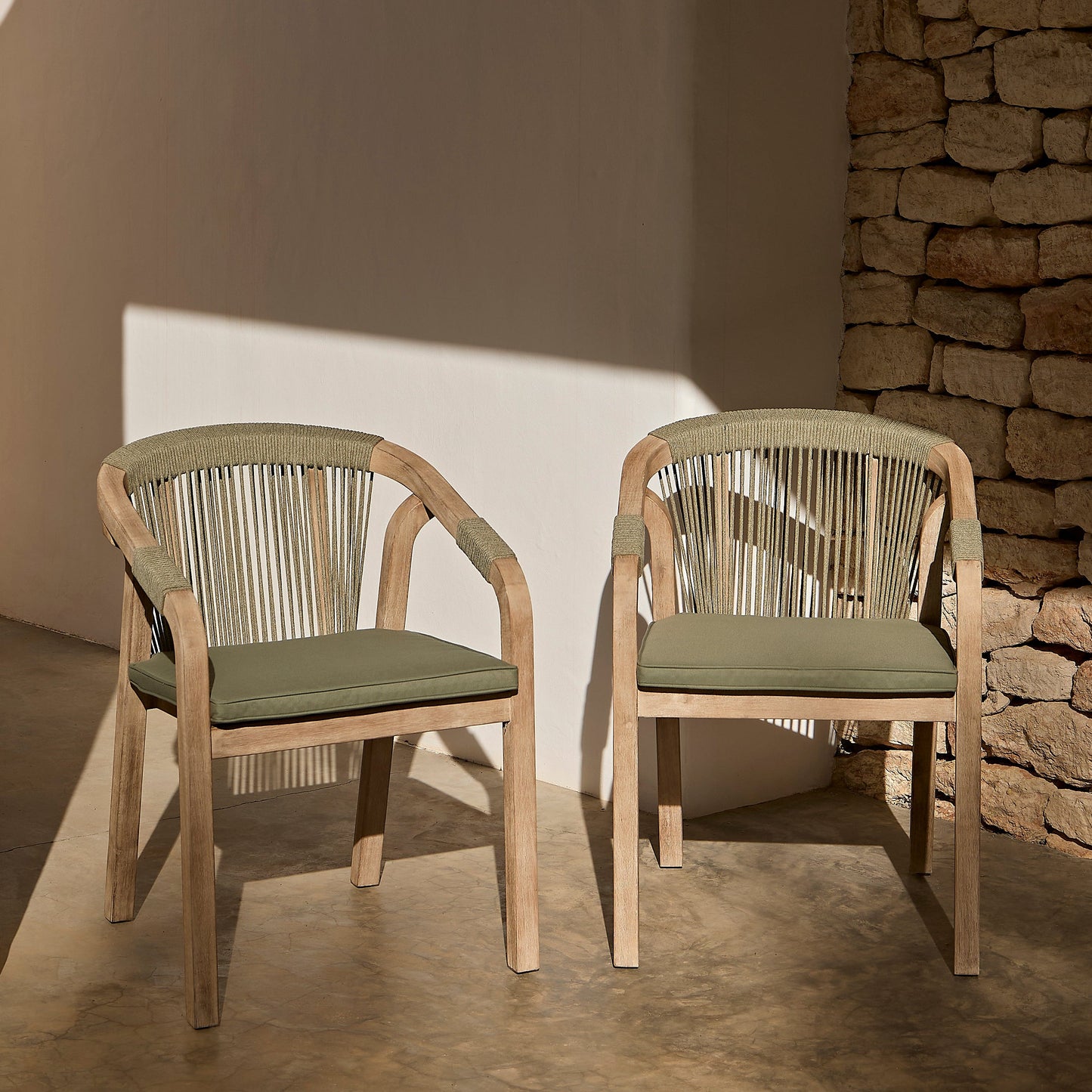 Shiro 6 Seater Wooden Garden Dining Set with Shiro Green Rope Chairs & Bench - 180cm