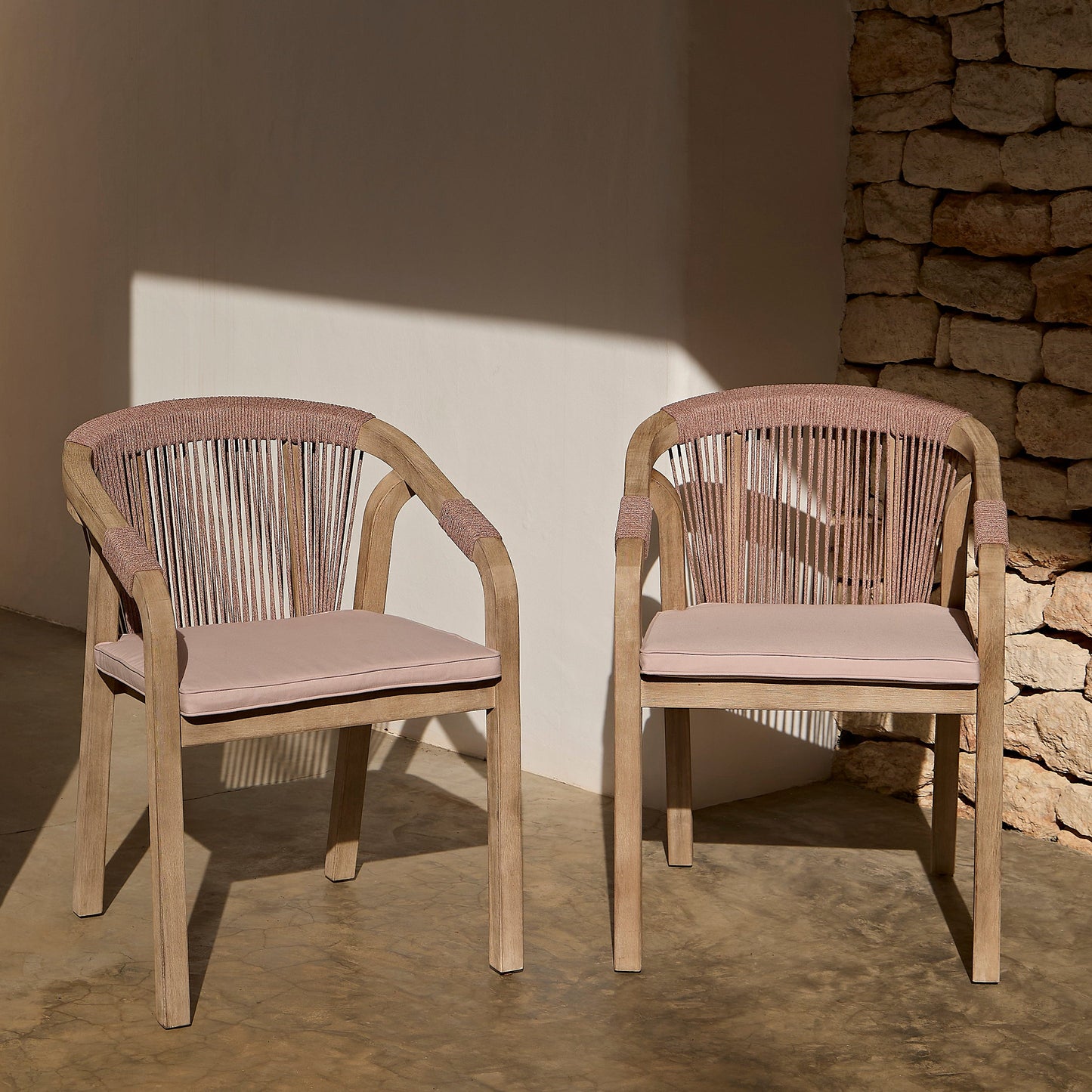 Shiro 6 Seater Wooden Garden Dining Set with Shiro Pink Rope Dining Chairs - 160cm
