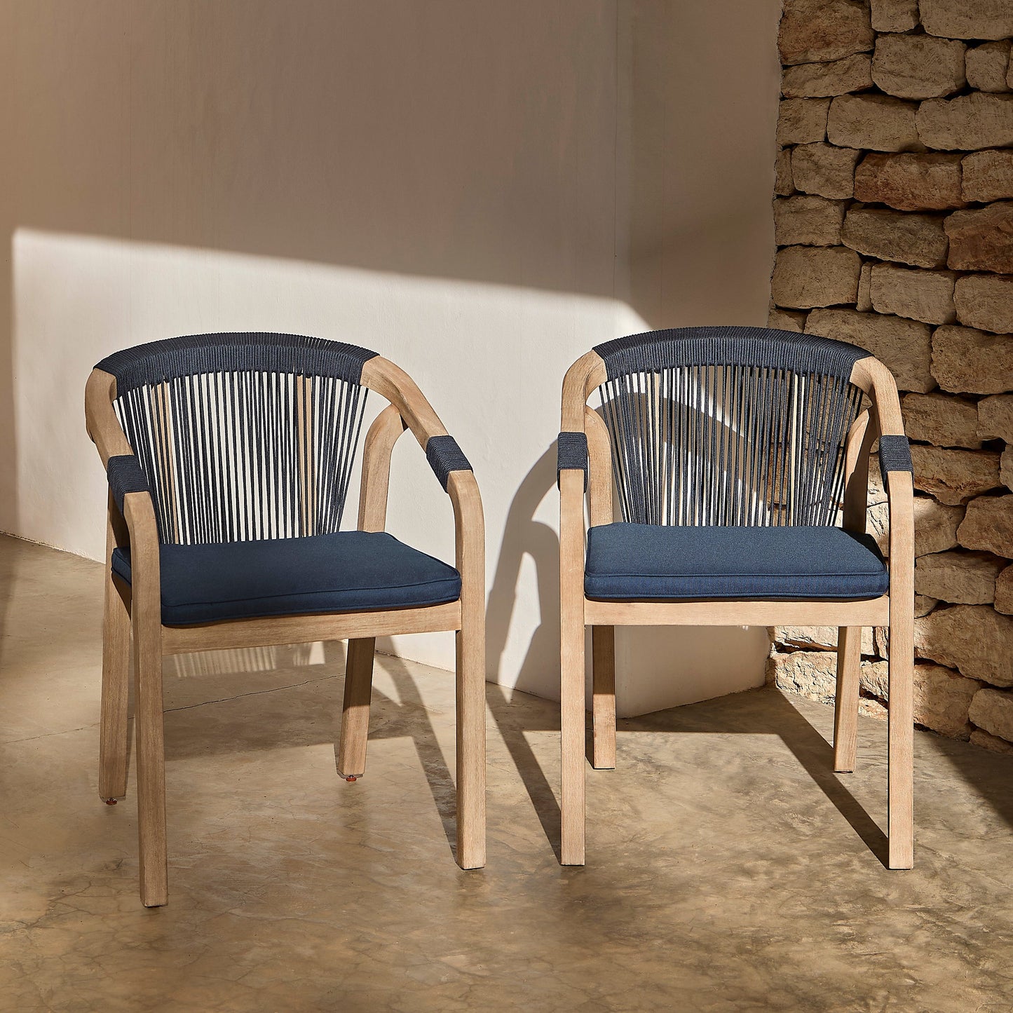 Shiro 6 Seater Round Wooden Garden Dining Set with Shiro Navy Rope Dining Chairs -160cm