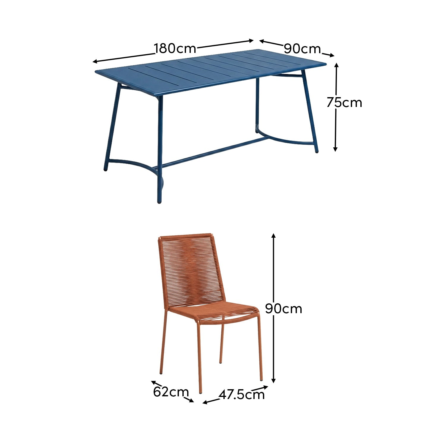 Wilder 6 Seater Blue Garden Dining Set with Ryder Burnt Orange Chairs
