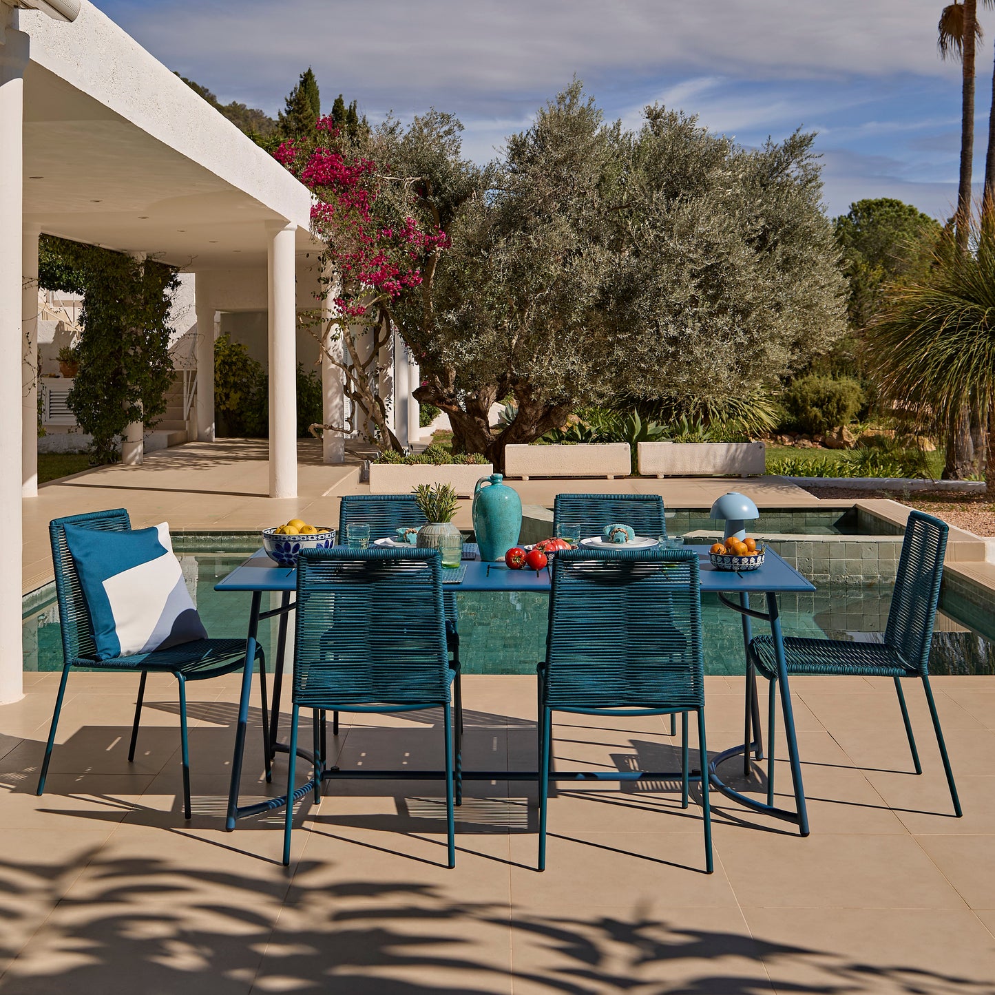 Wilder 6 Seater Blue Garden Dining Set with Ryder Teal Chairs